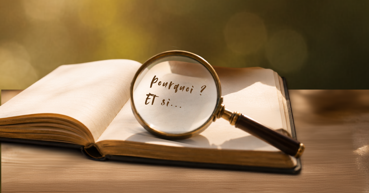Une loupe posée sur un carnet manuscrit où l'on peut lire les mots « Pourquoi ? » et « Et si… », illustrant la rumination et les pensées répétitives.