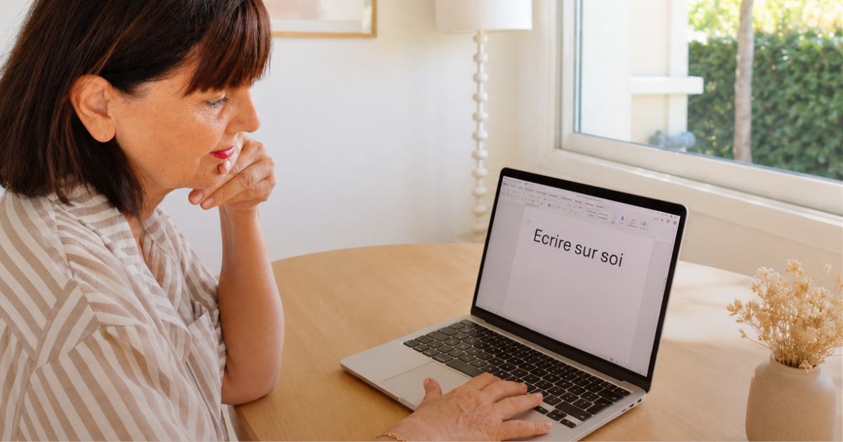Femme devant son ordinateur, hésitant à écrire son histoire, avec la question « Ai-je le droit d’écrire ça ? » affichée à l’écran.